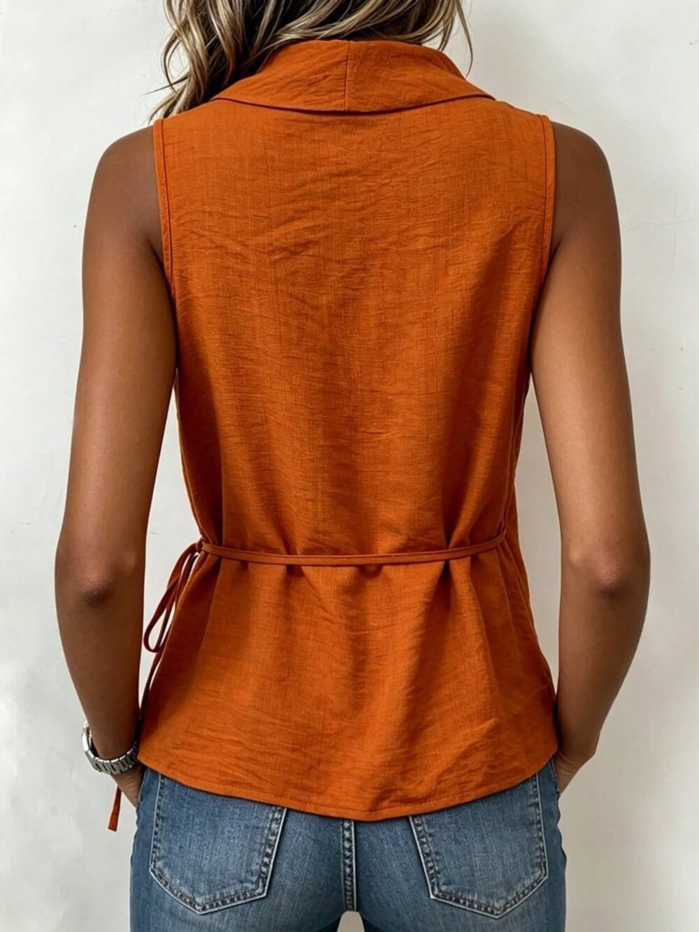 Orange Casual Women's French Old Money Lace-Up Slouchy Sleeveless Tank Top - Picture 2 of 3